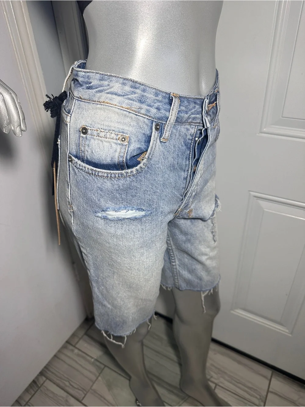Ksubi Brooklyn Ripped Denim Bermuda Shorts 24 Blue Relaxed Mid Rise Long Jorts